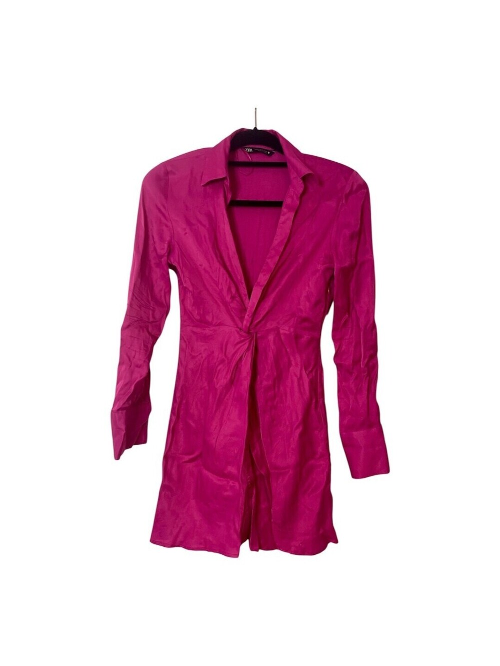 Zara Dress Womens XS Fuchsia Long Sleeve Collared Twist FronShirt Dress Mini